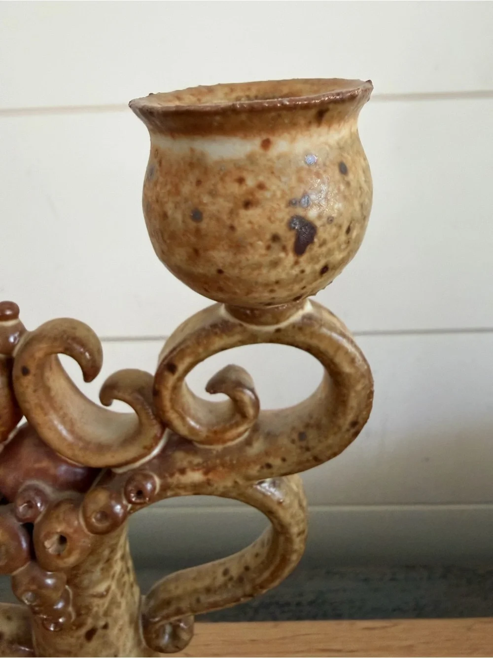 Vintage Studio Pottery Candleabra Brown Speckle